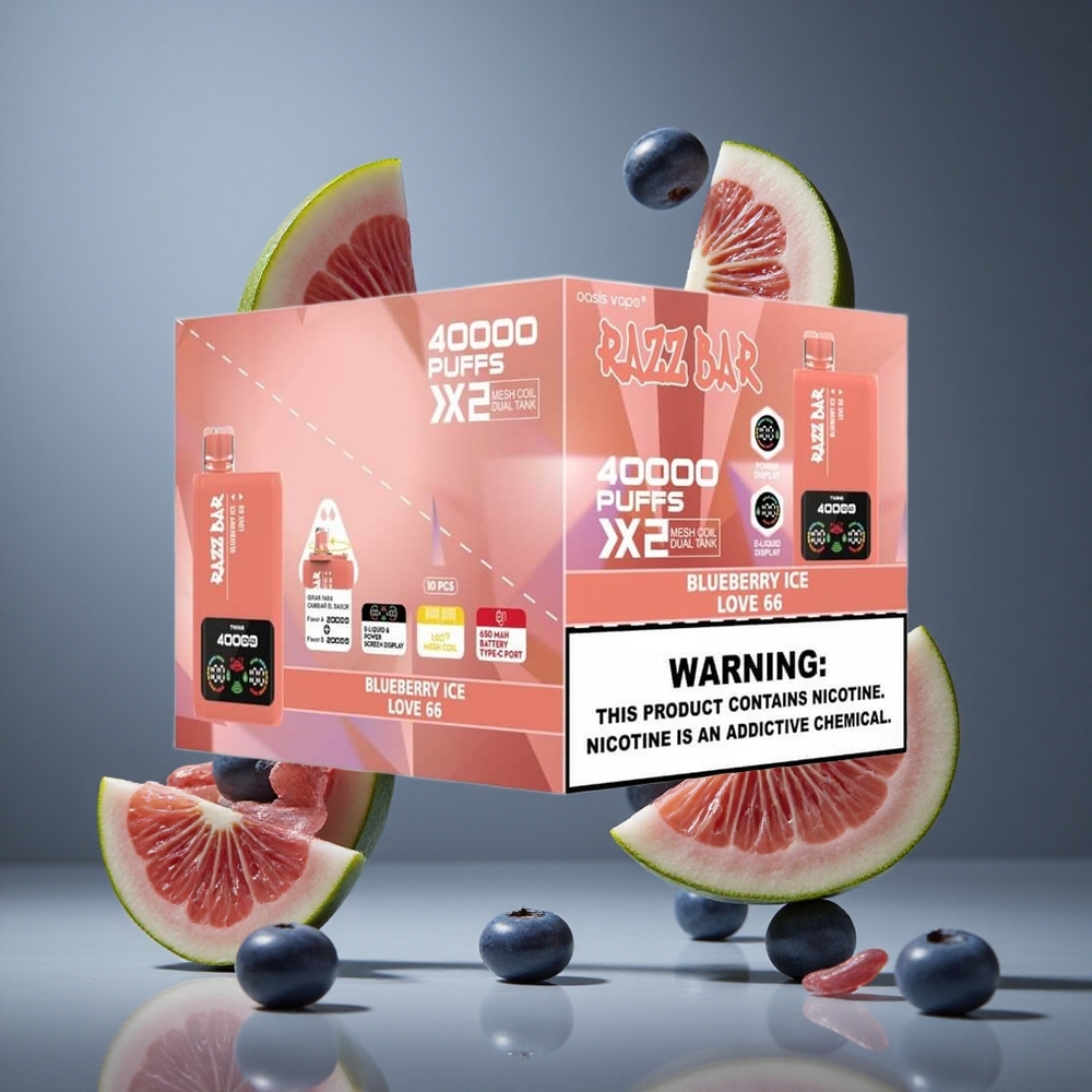 Razz Bar 40000 Пуфове Едноразово Вейп Боровинков Лед_Love 66, Екран за Мощност, 1.0Ω 2 Мрежов Намотка, 2%,5% Никотиново Съдържание