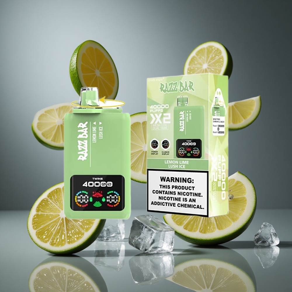 Razz Bar 40000 Въздушни Затяжки Диспозейбъл Вейп Лимон Лайм_Lush Ice с Екран за Мощност и 1.0Ω 2 Mesh Coil