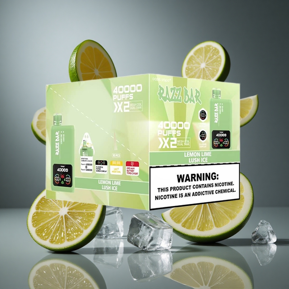 Razz Bar 40000 Въздушни Затяжки Диспозейбъл Вейп Лимон Лайм_Lush Ice с Екран за Мощност и 1.0Ω 2 Mesh Coil