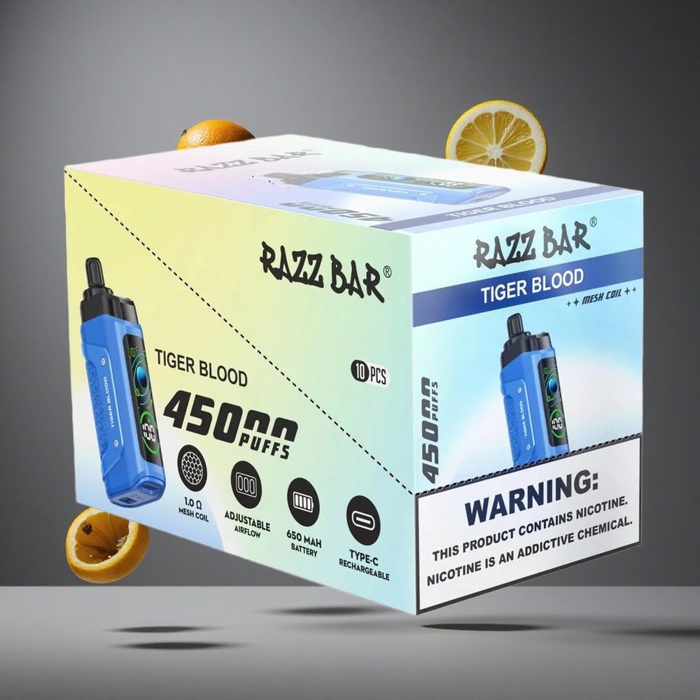 Razz Bar 45000 Въздушни затяжки Диспозейбъл Вейп Тигрова кръв с 1.0 Ohm Mesh Coil и 20 mg/ml Никотин
