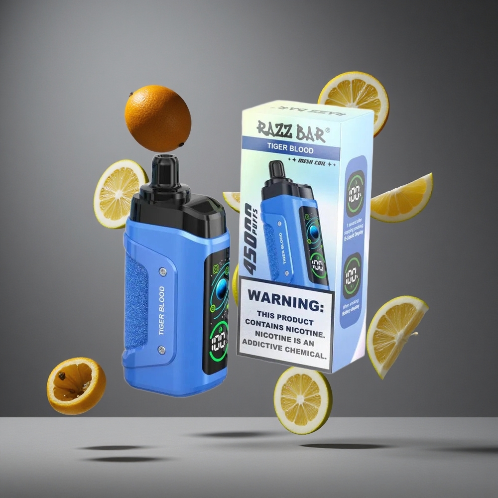 Razz Bar 45000 Въздушни затяжки Диспозейбъл Вейп Тигрова кръв с 1.0 Ohm Mesh Coil и 20 mg/ml Никотин