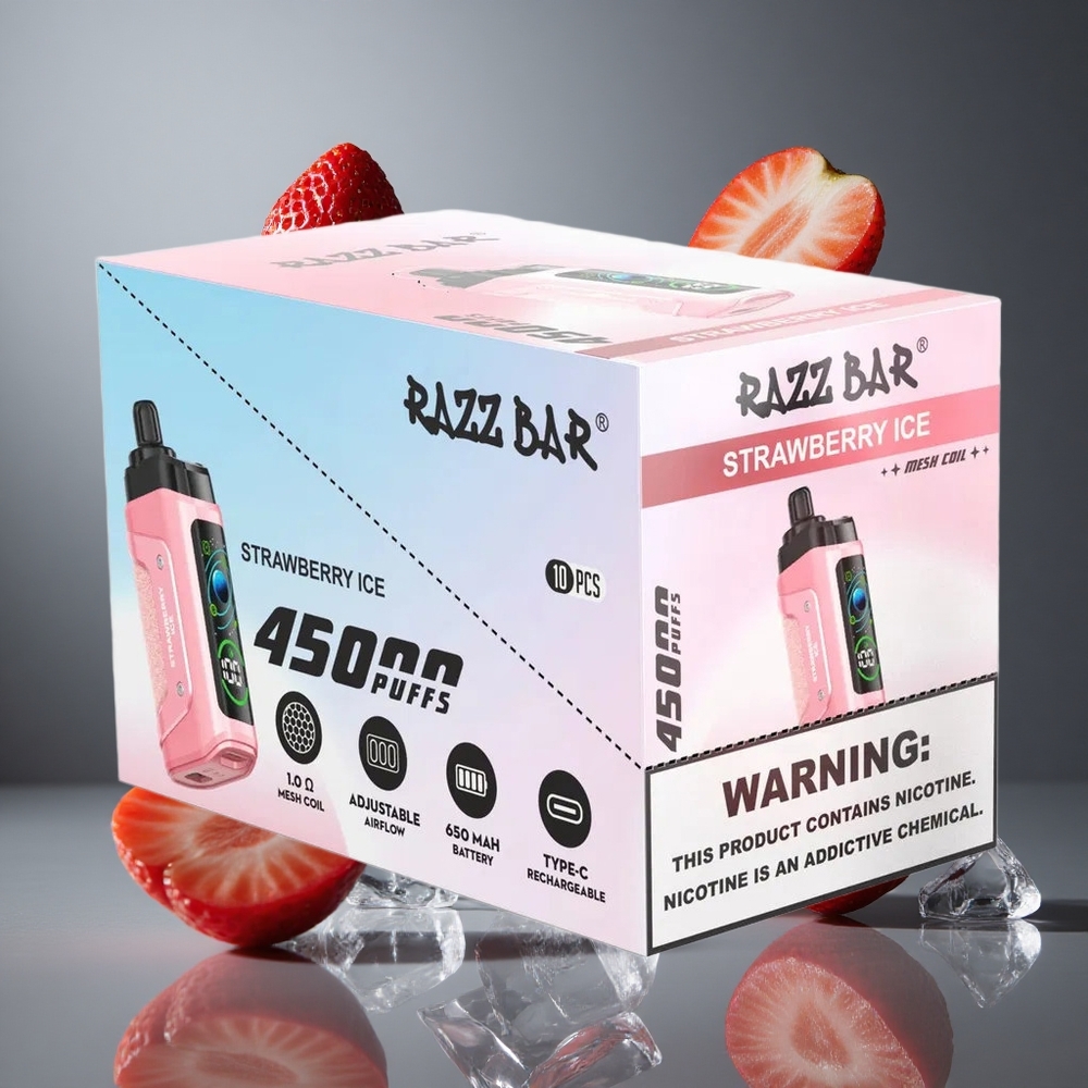 Razz Bar 45000 Вдишвания Едноразово Вейп Ягода Лед 1.0 Ohm Mesh Coil Type-C Зареждащ се