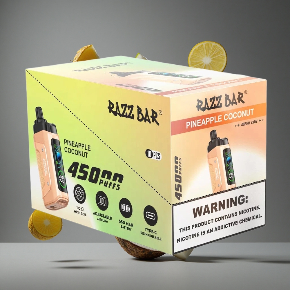 Razz Bar 45000 Въздуха Едноразово Вейп Ананас Кокос 1.0 Ohm Мрежова Намотка Type-C Зареждане