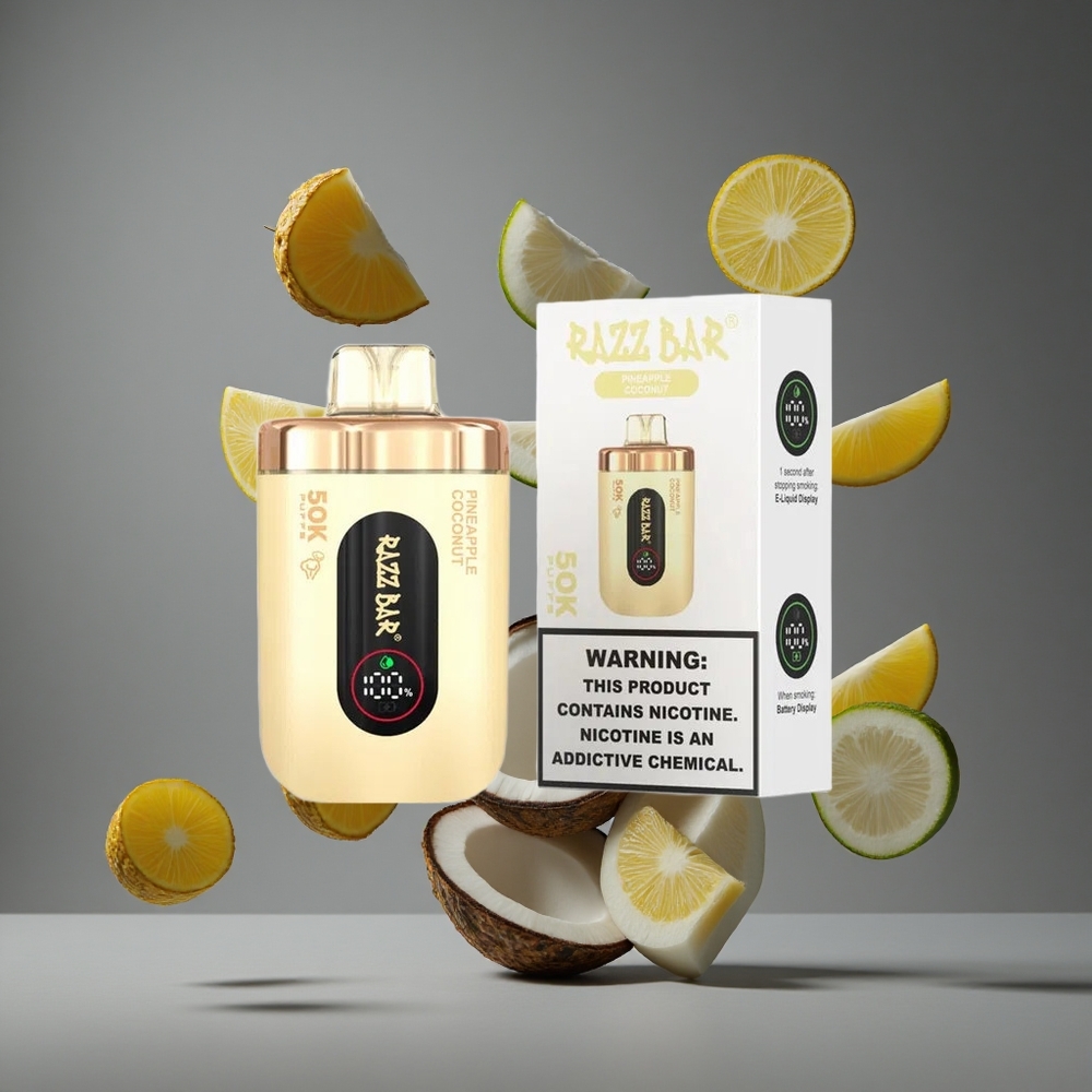 Razz Bar 50K Пуфове Едноразова Вейп Ананас Кокос 1.0 Ohm Мрежова Намотка 2% Никотин