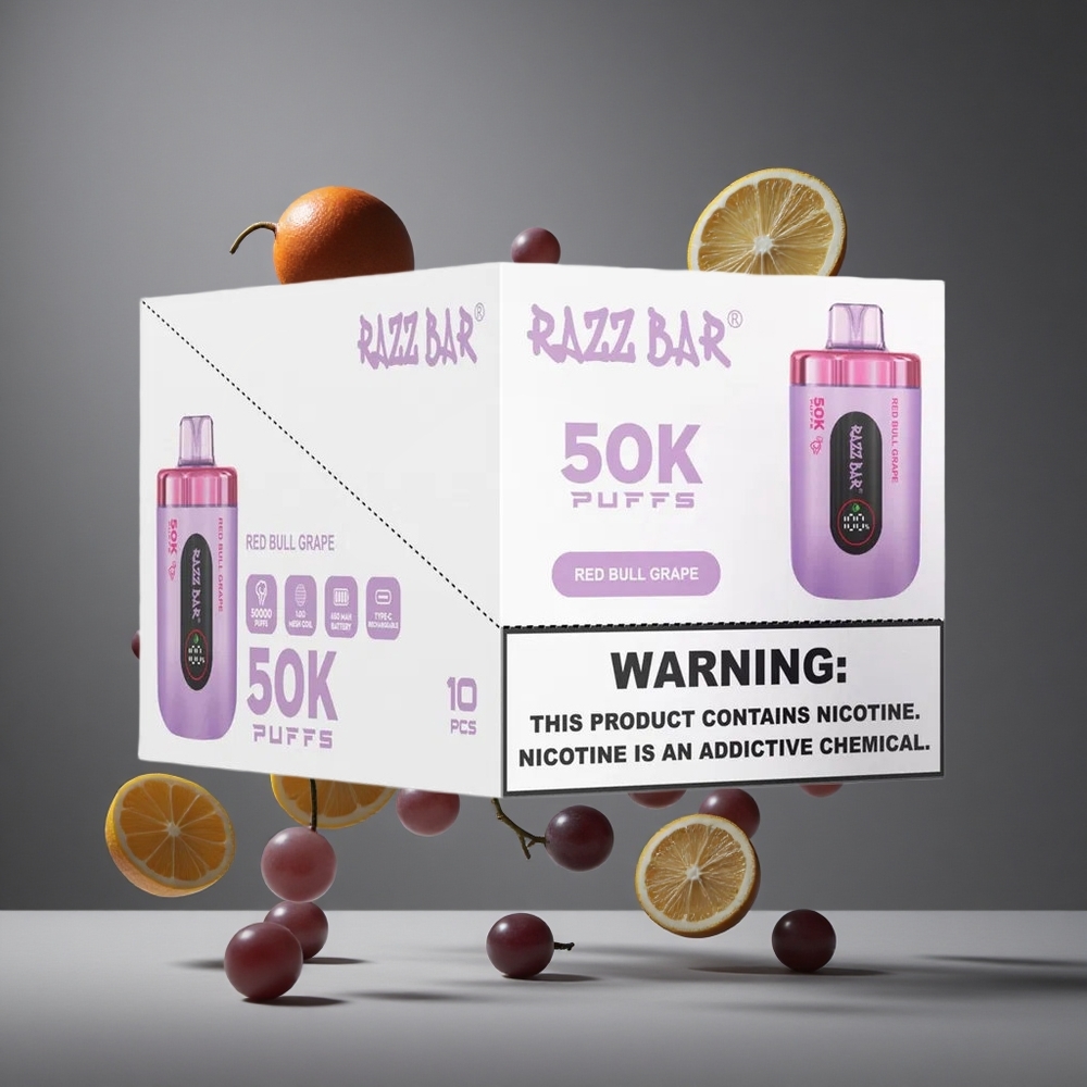 Razz Bar 50K Пуфове Диспозейбъл Вейп Червен Бик Грозде с 1.0 Ohm Mesh Coil и 650 Mah Battery