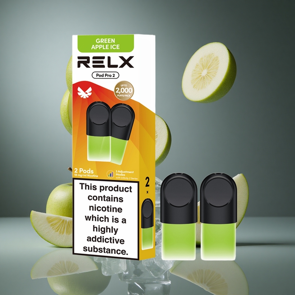 RELX Pod Pro 2 600 Въздушни удара Зелен Ябълков Лед Никотинов Съдържание:1.8% Капацитет на изпаряване: 1.9ml